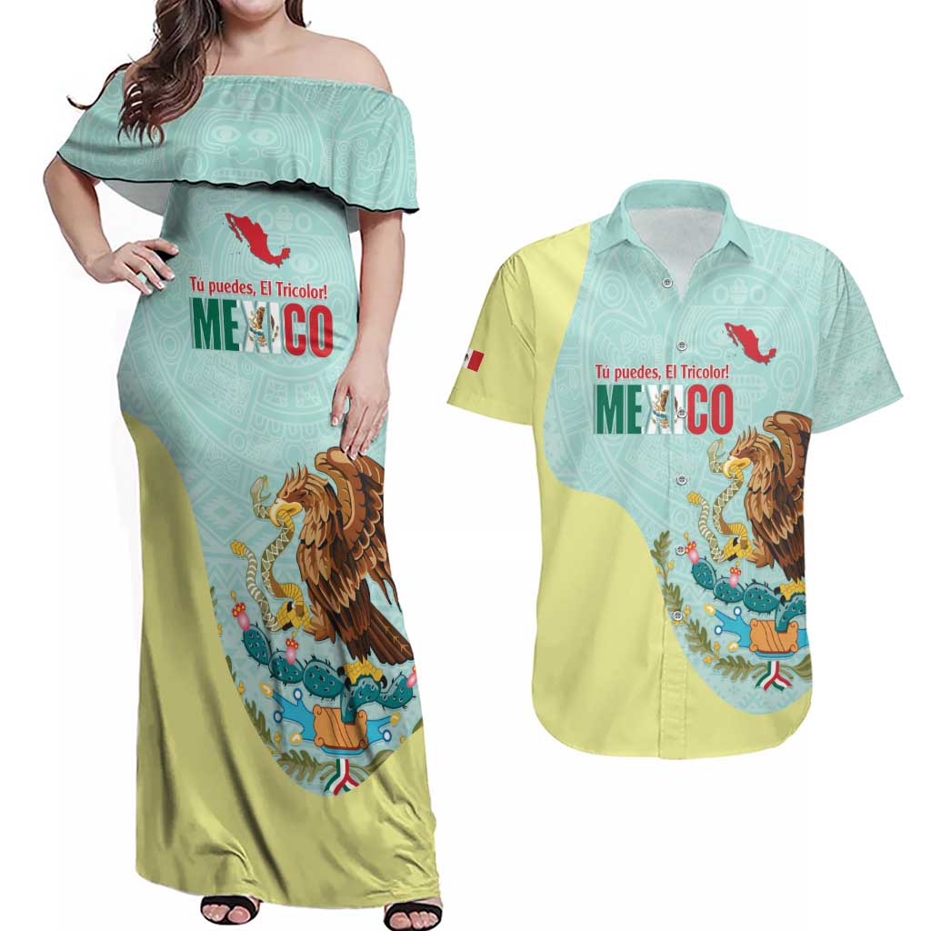 Custom Mexico Football Couples Matching Off Shoulder Maxi Dress and Hawaiian Shirt Tu Puedes El Tricolor Cyan - Wonder Print Shop