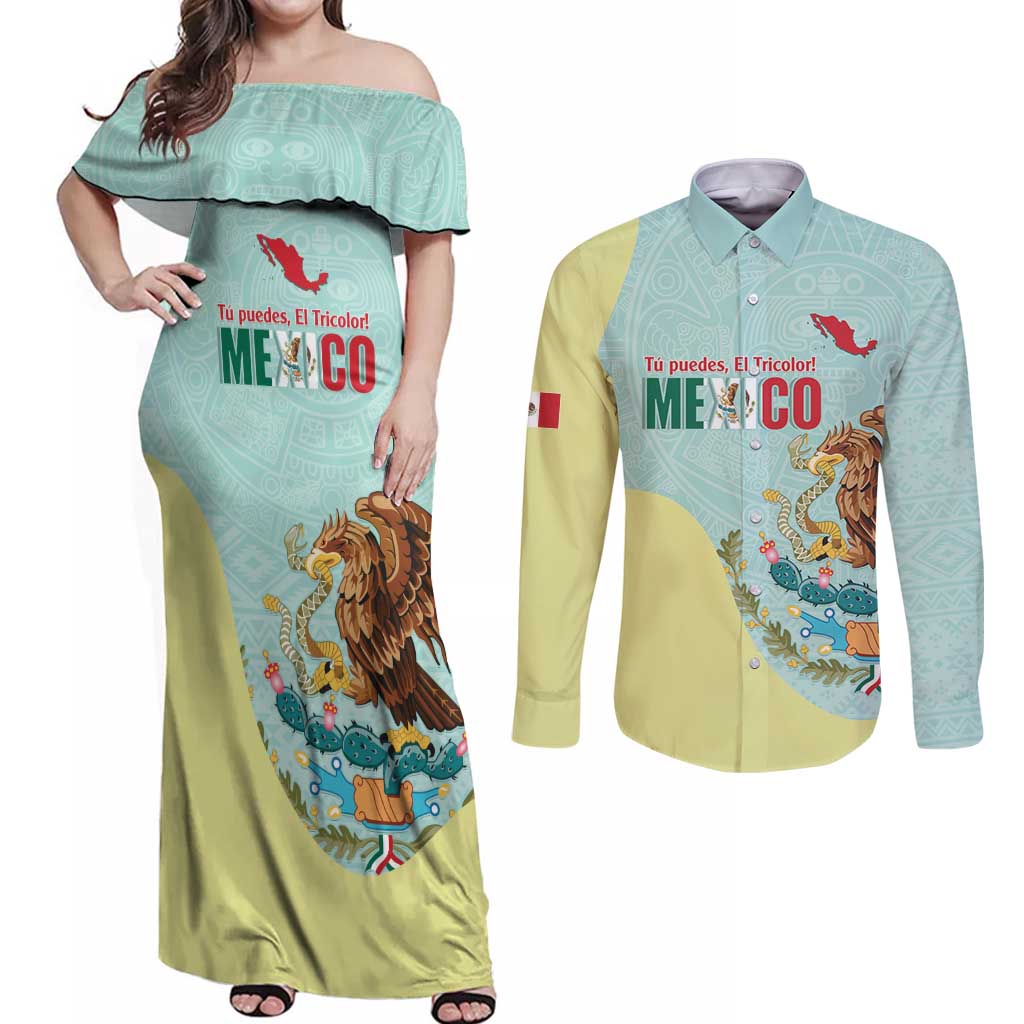 Custom Mexico Football Couples Matching Off Shoulder Maxi Dress and Long Sleeve Button Shirt Tu Puedes El Tricolor Cyan - Wonder Print Shop