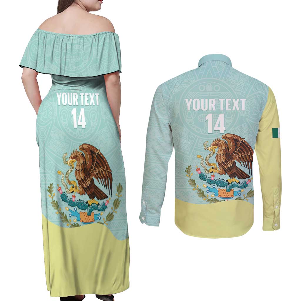 Custom Mexico Football Couples Matching Off Shoulder Maxi Dress and Long Sleeve Button Shirt Tu Puedes El Tricolor Cyan - Wonder Print Shop