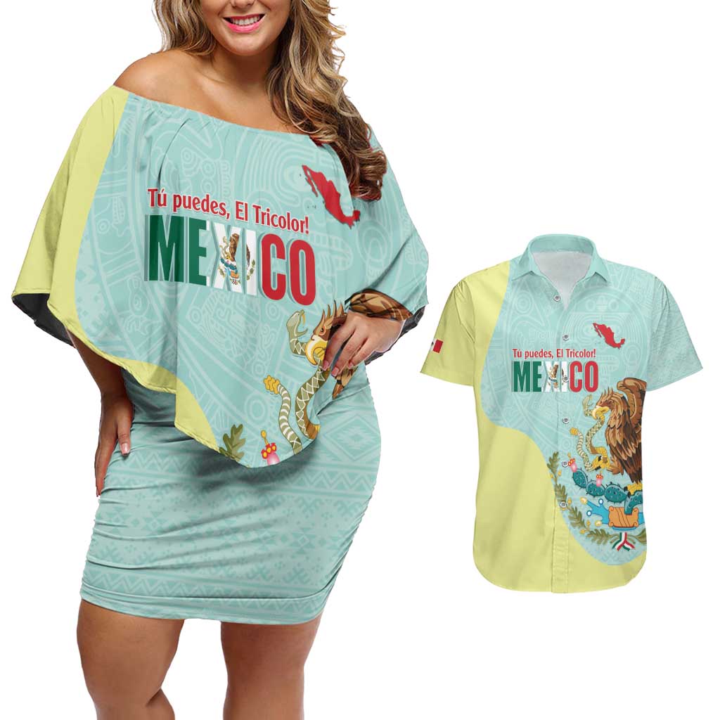 Custom Mexico Football Couples Matching Off Shoulder Short Dress and Hawaiian Shirt Tu Puedes El Tricolor Cyan - Wonder Print Shop