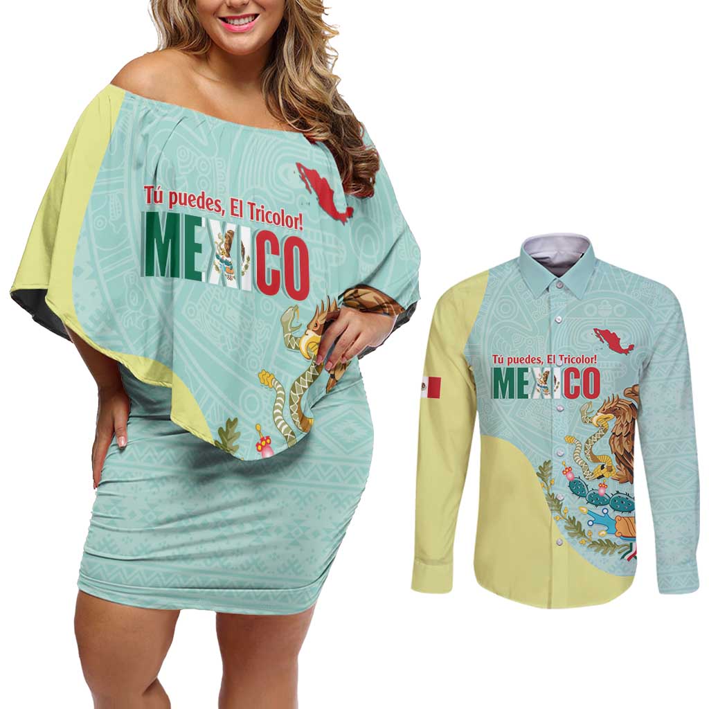 Custom Mexico Football Couples Matching Off Shoulder Short Dress and Long Sleeve Button Shirt Tu Puedes El Tricolor Cyan - Wonder Print Shop
