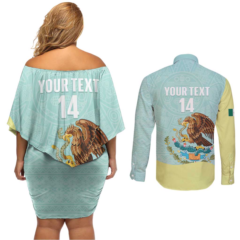 Custom Mexico Football Couples Matching Off Shoulder Short Dress and Long Sleeve Button Shirt Tu Puedes El Tricolor Cyan - Wonder Print Shop