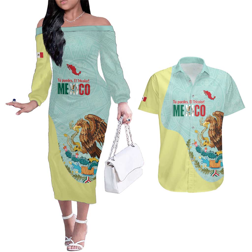 Custom Mexico Football Couples Matching Off The Shoulder Long Sleeve Dress and Hawaiian Shirt Tu Puedes El Tricolor Cyan - Wonder Print Shop