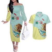 Custom Mexico Football Couples Matching Off The Shoulder Long Sleeve Dress and Hawaiian Shirt Tu Puedes El Tricolor Cyan - Wonder Print Shop