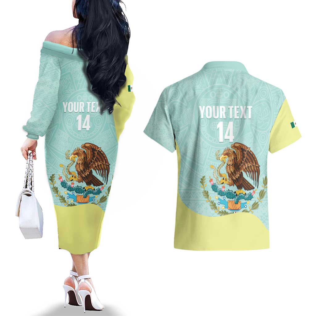 Custom Mexico Football Couples Matching Off The Shoulder Long Sleeve Dress and Hawaiian Shirt Tu Puedes El Tricolor Cyan - Wonder Print Shop