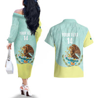 Custom Mexico Football Couples Matching Off The Shoulder Long Sleeve Dress and Hawaiian Shirt Tu Puedes El Tricolor Cyan - Wonder Print Shop