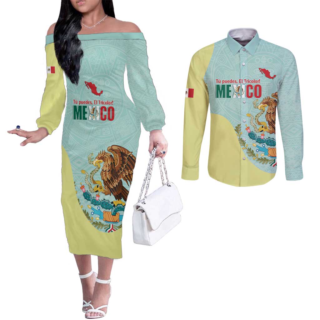 Custom Mexico Football Couples Matching Off The Shoulder Long Sleeve Dress and Long Sleeve Button Shirt Tu Puedes El Tricolor Cyan - Wonder Print Shop
