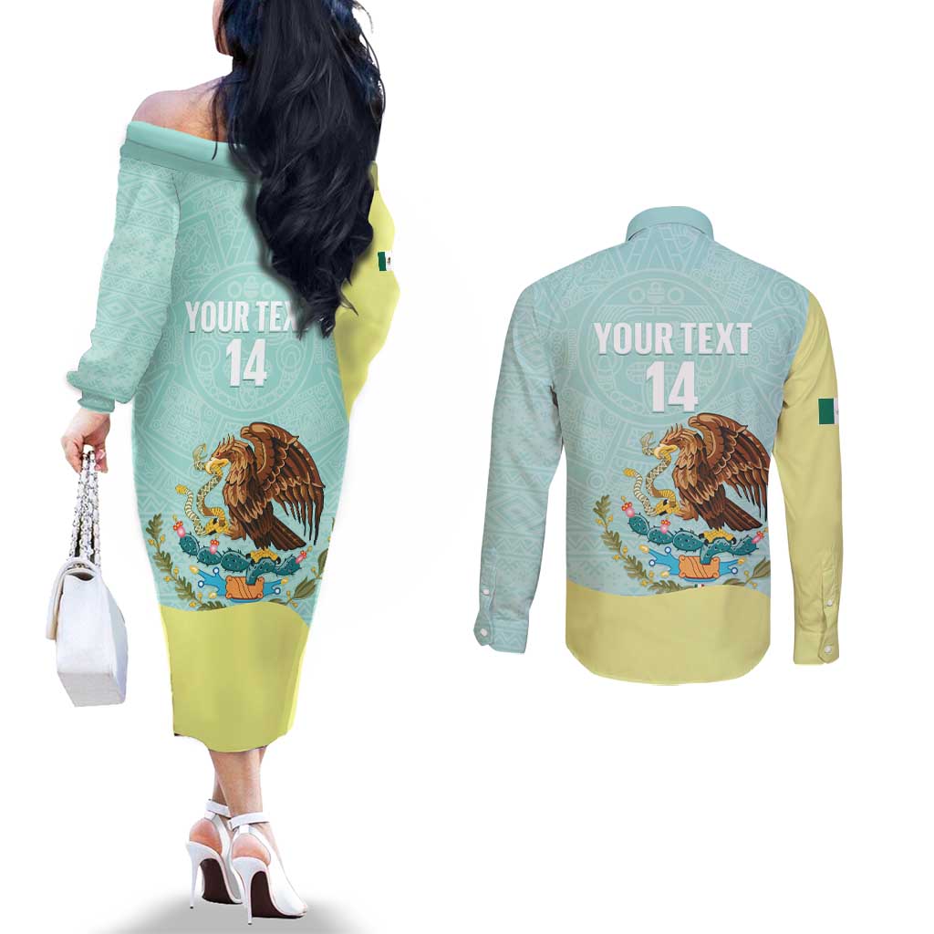 Custom Mexico Football Couples Matching Off The Shoulder Long Sleeve Dress and Long Sleeve Button Shirt Tu Puedes El Tricolor Cyan - Wonder Print Shop