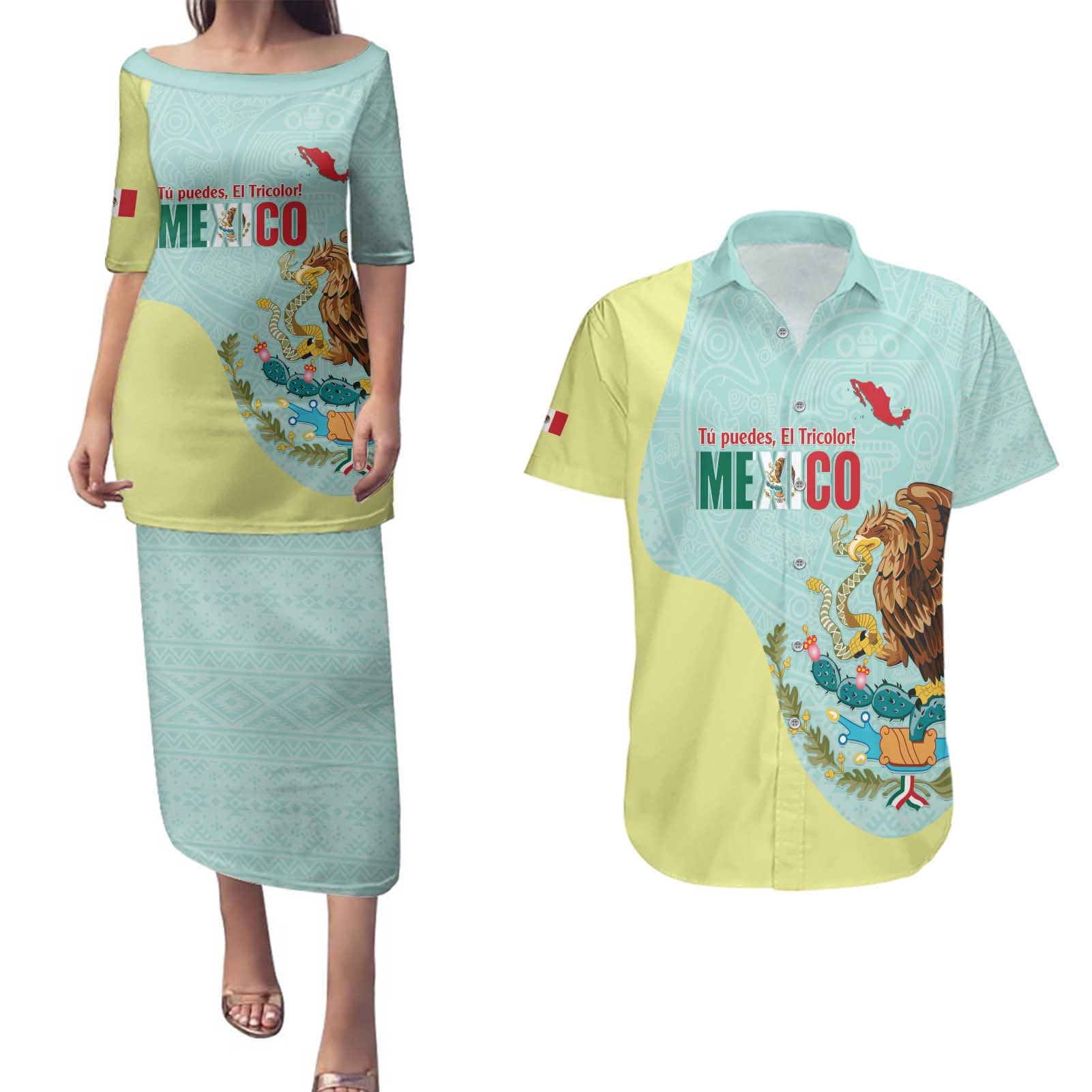 Custom Mexico Football Couples Matching Puletasi and Hawaiian Shirt Tu Puedes El Tricolor Cyan - Wonder Print Shop