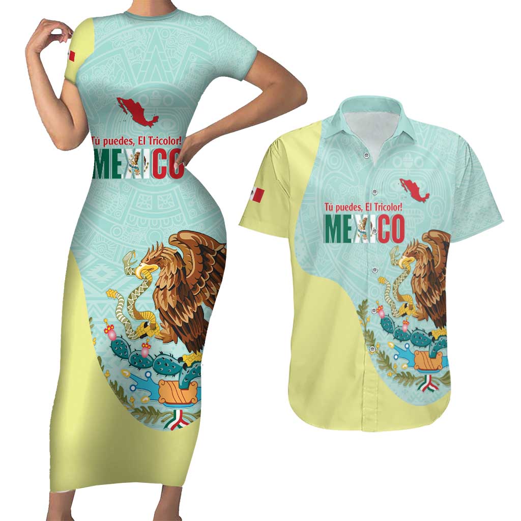 Custom Mexico Football Couples Matching Short Sleeve Bodycon Dress and Hawaiian Shirt Tu Puedes El Tricolor Cyan - Wonder Print Shop