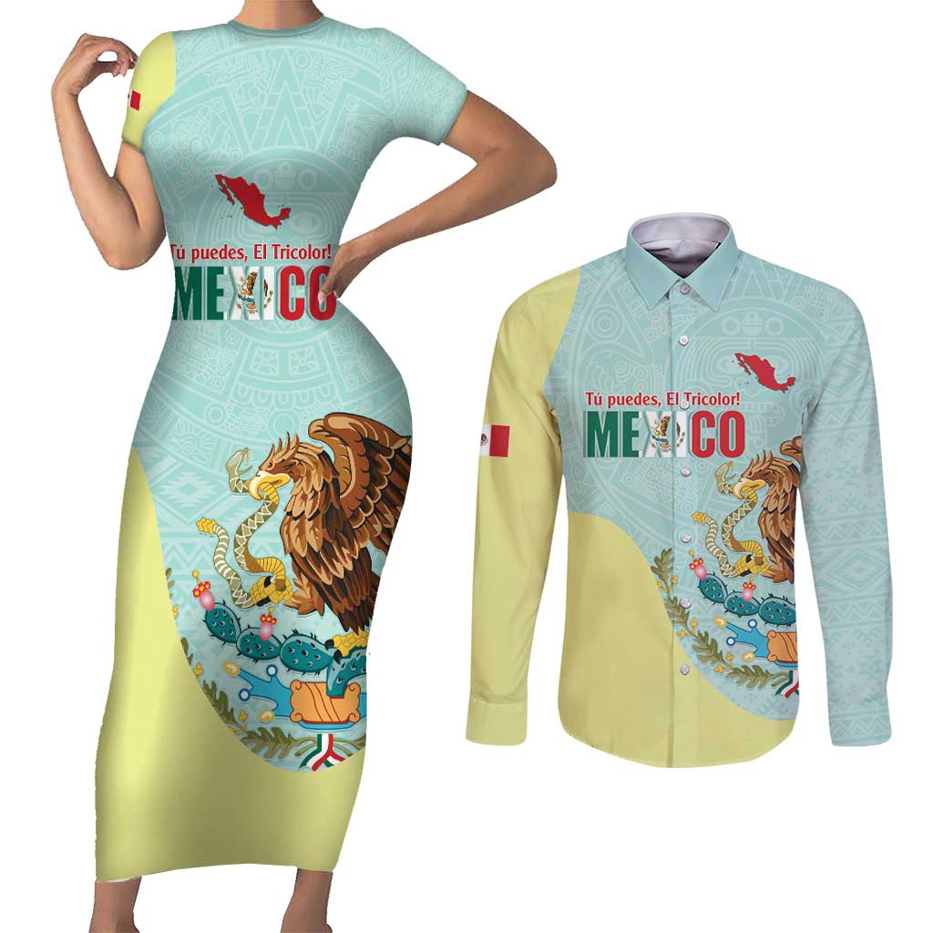 Custom Mexico Football Couples Matching Short Sleeve Bodycon Dress and Long Sleeve Button Shirt Tu Puedes El Tricolor Cyan - Wonder Print Shop