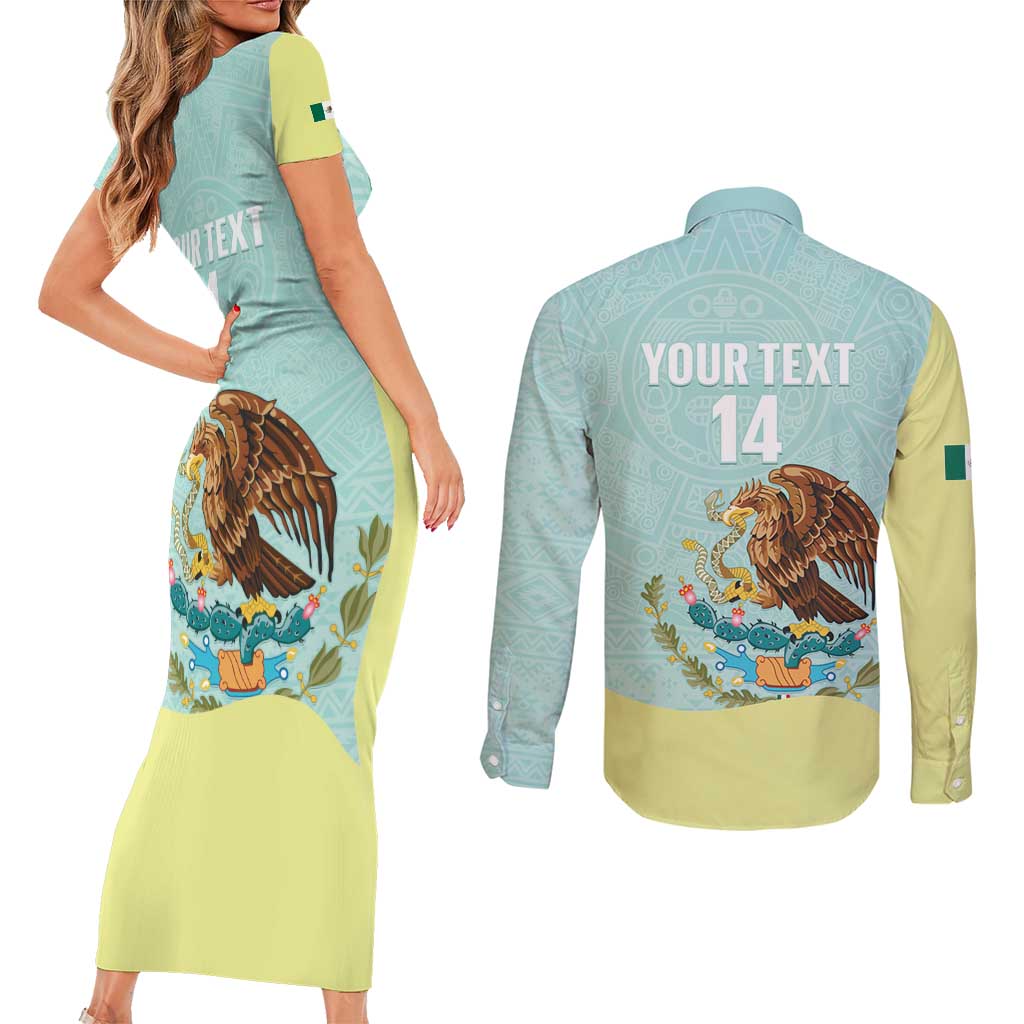 Custom Mexico Football Couples Matching Short Sleeve Bodycon Dress and Long Sleeve Button Shirt Tu Puedes El Tricolor Cyan - Wonder Print Shop