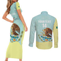 Custom Mexico Football Couples Matching Short Sleeve Bodycon Dress and Long Sleeve Button Shirt Tu Puedes El Tricolor Cyan - Wonder Print Shop