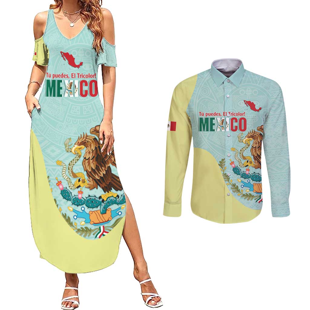 Custom Mexico Football Couples Matching Summer Maxi Dress and Long Sleeve Button Shirt Tu Puedes El Tricolor Cyan - Wonder Print Shop