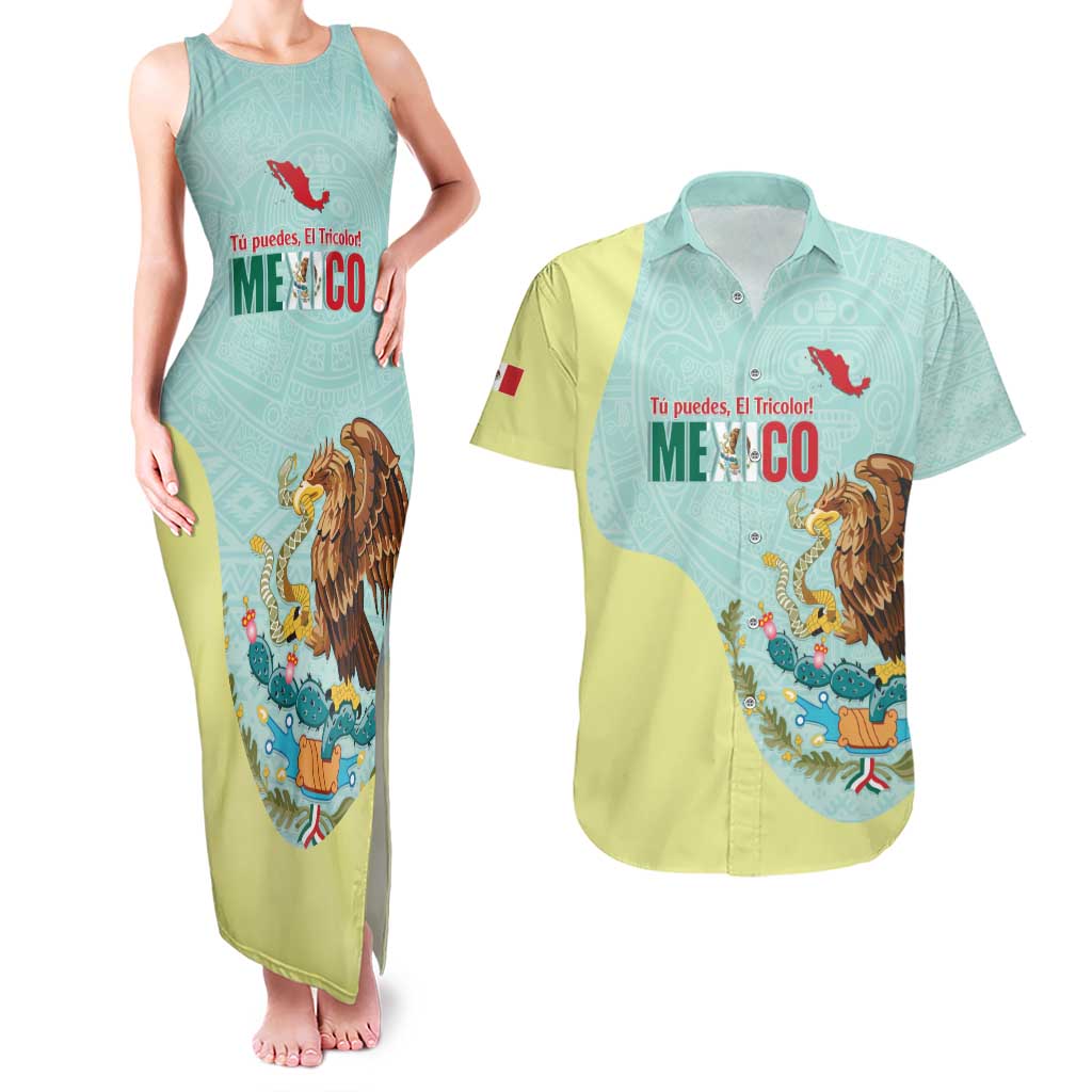 Custom Mexico Football Couples Matching Tank Maxi Dress and Hawaiian Shirt Tu Puedes El Tricolor Cyan - Wonder Print Shop