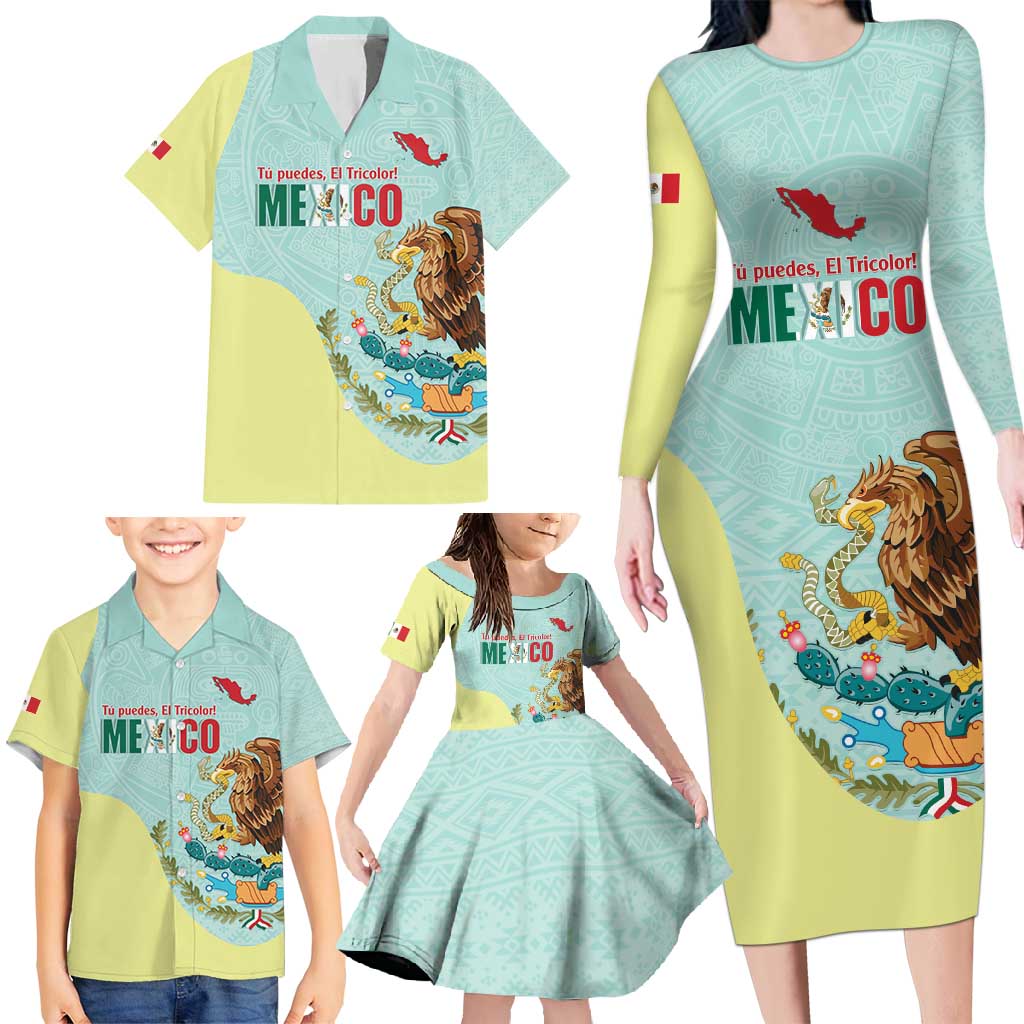 Custom Mexico Football Family Matching Long Sleeve Bodycon Dress and Hawaiian Shirt Tu Puedes El Tricolor Cyan - Wonder Print Shop
