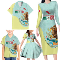 Custom Mexico Football Family Matching Long Sleeve Bodycon Dress and Hawaiian Shirt Tu Puedes El Tricolor Cyan - Wonder Print Shop