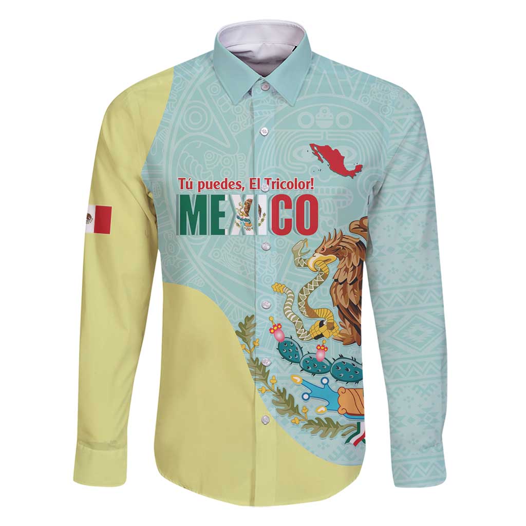 Custom Mexico Football Family Matching Long Sleeve Bodycon Dress and Hawaiian Shirt Tu Puedes El Tricolor Cyan - Wonder Print Shop