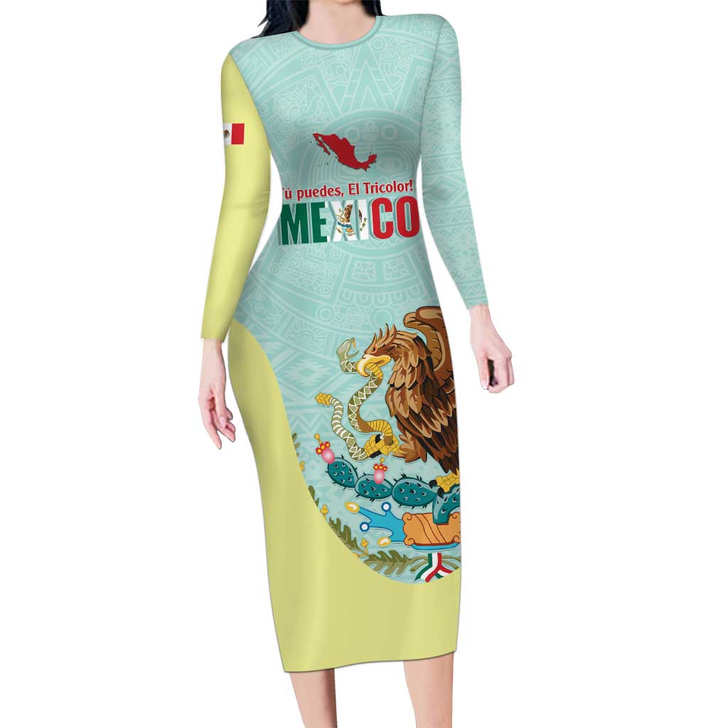 Custom Mexico Football Family Matching Long Sleeve Bodycon Dress and Hawaiian Shirt Tu Puedes El Tricolor Cyan - Wonder Print Shop