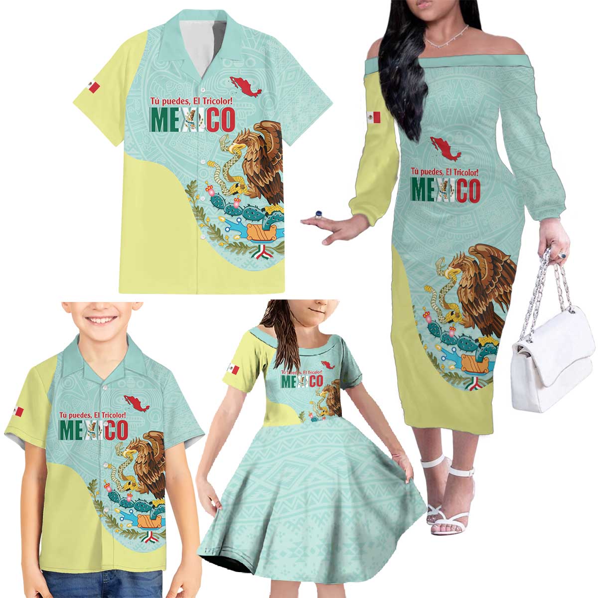 Custom Mexico Football Family Matching Off The Shoulder Long Sleeve Dress and Hawaiian Shirt Tu Puedes El Tricolor Cyan - Wonder Print Shop