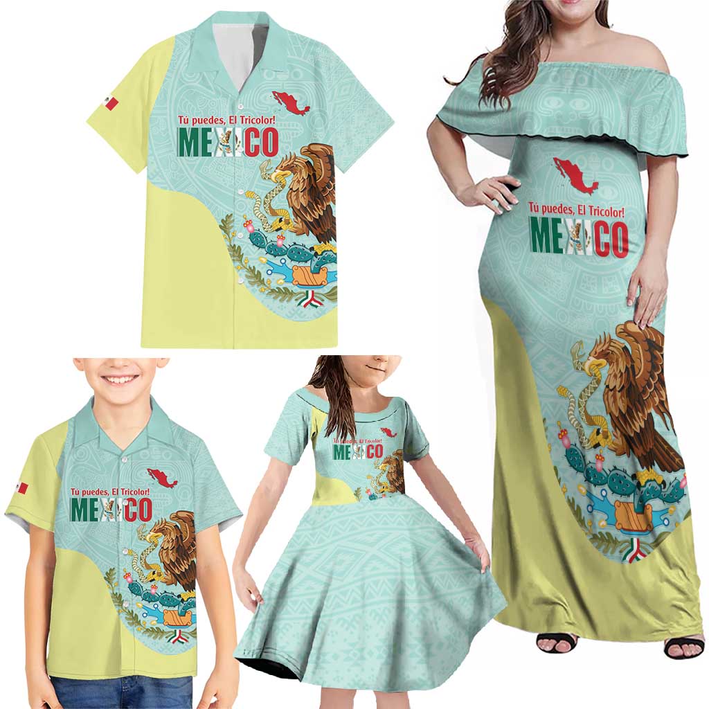Custom Mexico Football Family Matching Off Shoulder Maxi Dress and Hawaiian Shirt Tu Puedes El Tricolor Cyan - Wonder Print Shop