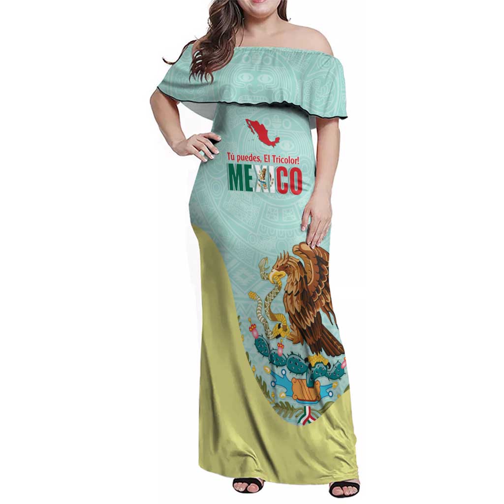 Custom Mexico Football Family Matching Off Shoulder Maxi Dress and Hawaiian Shirt Tu Puedes El Tricolor Cyan - Wonder Print Shop