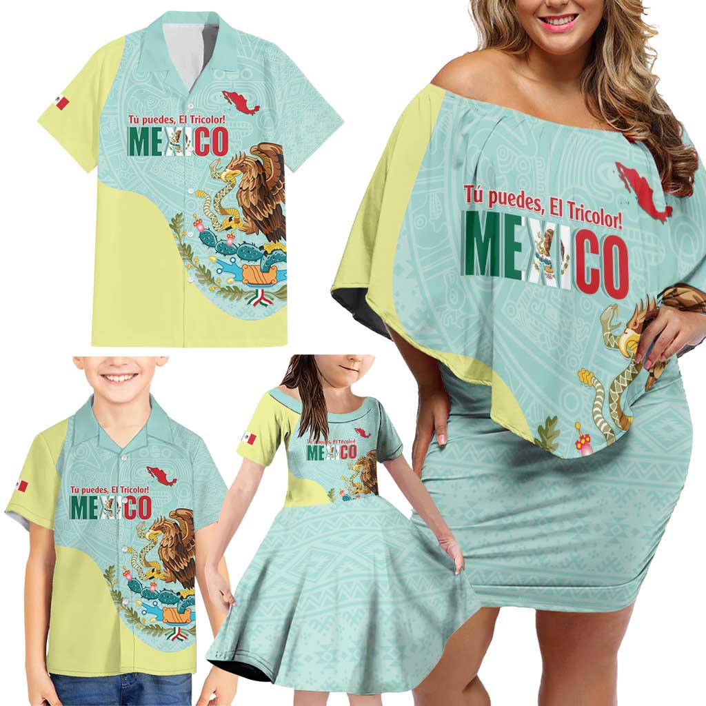 Custom Mexico Football Family Matching Off Shoulder Short Dress and Hawaiian Shirt Tu Puedes El Tricolor Cyan - Wonder Print Shop