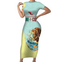 Custom Mexico Football Family Matching Short Sleeve Bodycon Dress and Hawaiian Shirt Tu Puedes El Tricolor Cyan - Wonder Print Shop