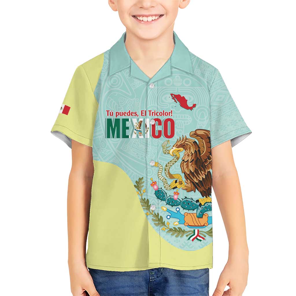 Custom Mexico Football Family Matching Short Sleeve Bodycon Dress and Hawaiian Shirt Tu Puedes El Tricolor Cyan - Wonder Print Shop