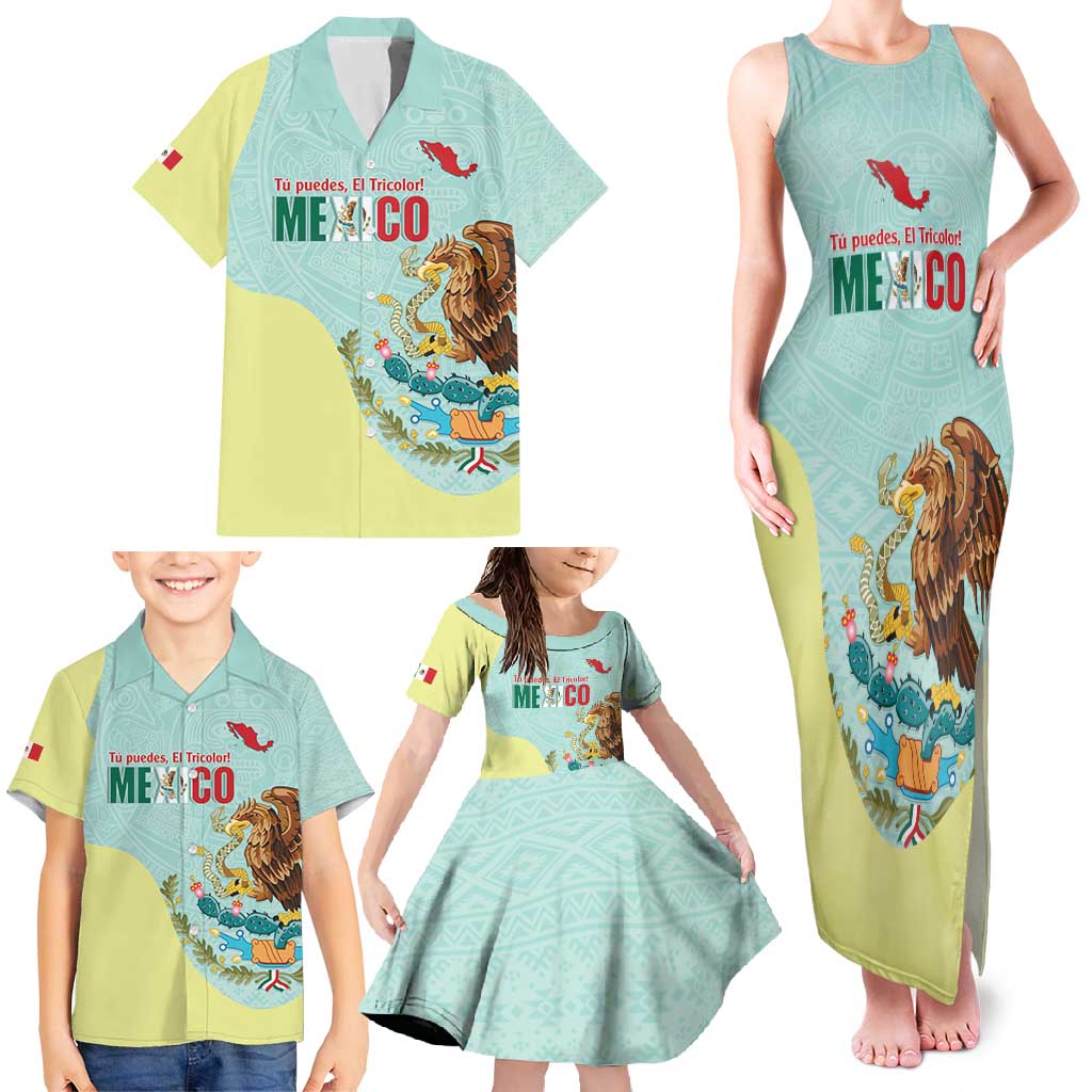 Custom Mexico Football Family Matching Tank Maxi Dress and Hawaiian Shirt Tu Puedes El Tricolor Cyan - Wonder Print Shop