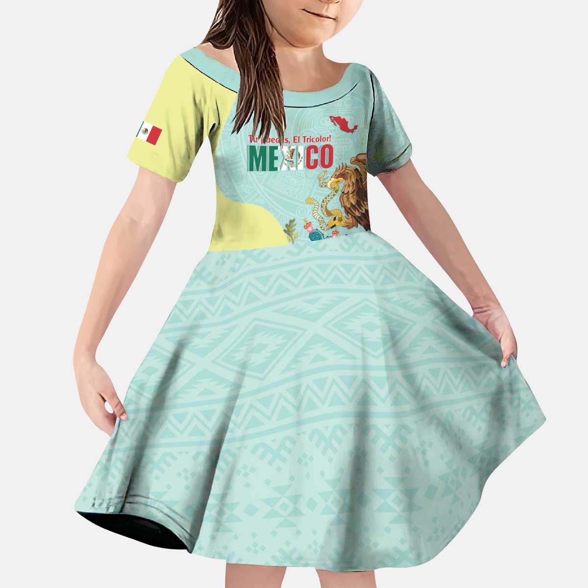 Custom Mexico Football Kid Short Sleeve Dress Tu Puedes El Tricolor Cyan - Wonder Print Shop