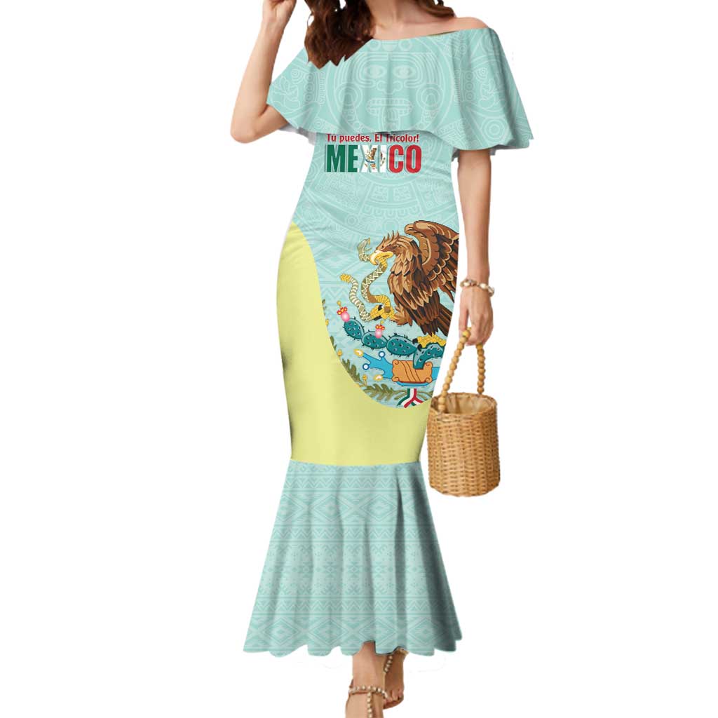Custom Mexico Football Mermaid Dress Tu Puedes El Tricolor Cyan - Wonder Print Shop