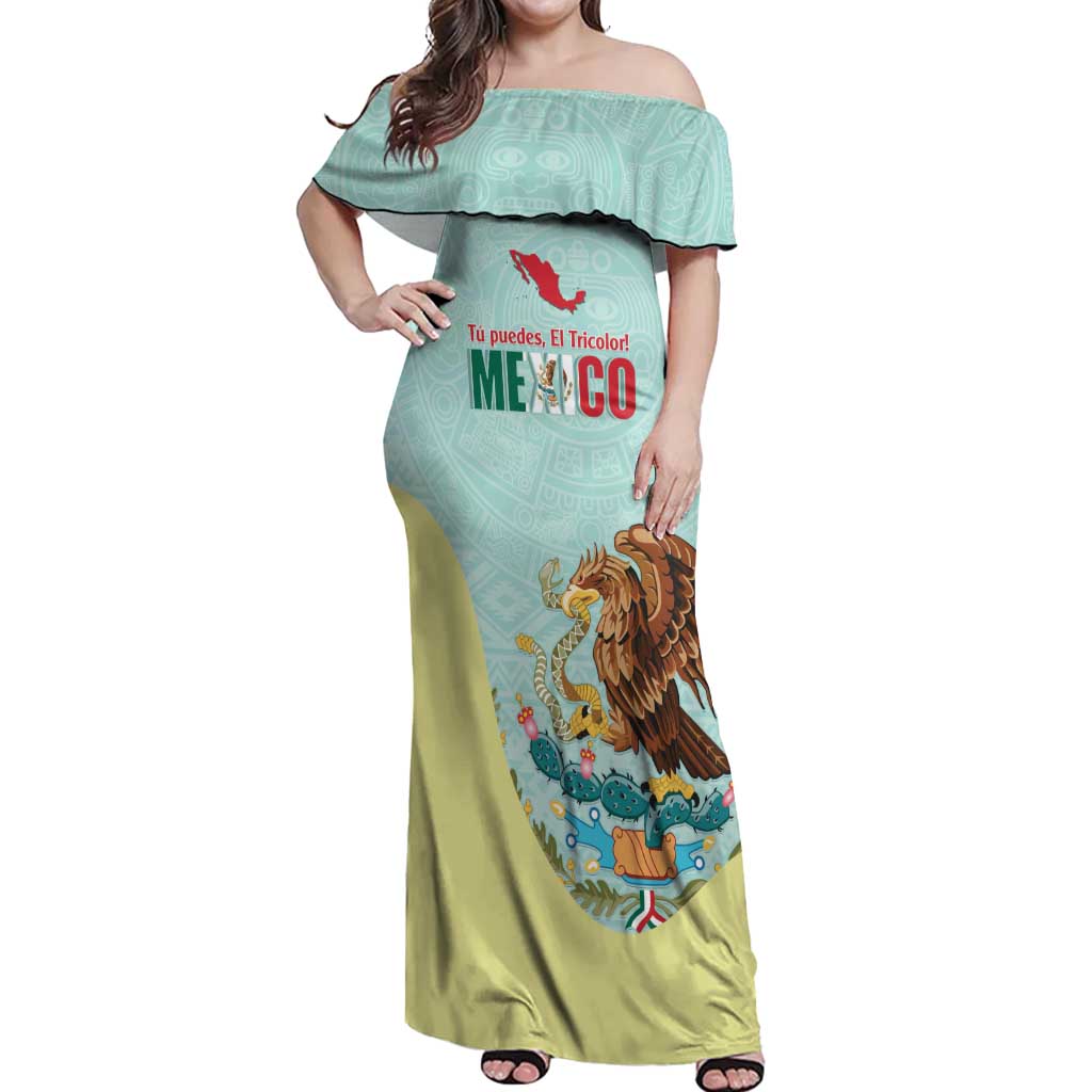 Custom Mexico Football Off Shoulder Maxi Dress Tu Puedes El Tricolor Cyan - Wonder Print Shop