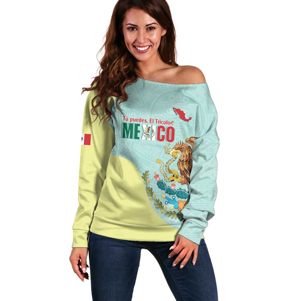 Custom Mexico Football Off Shoulder Sweater Tu Puedes El Tricolor Cyan - Wonder Print Shop