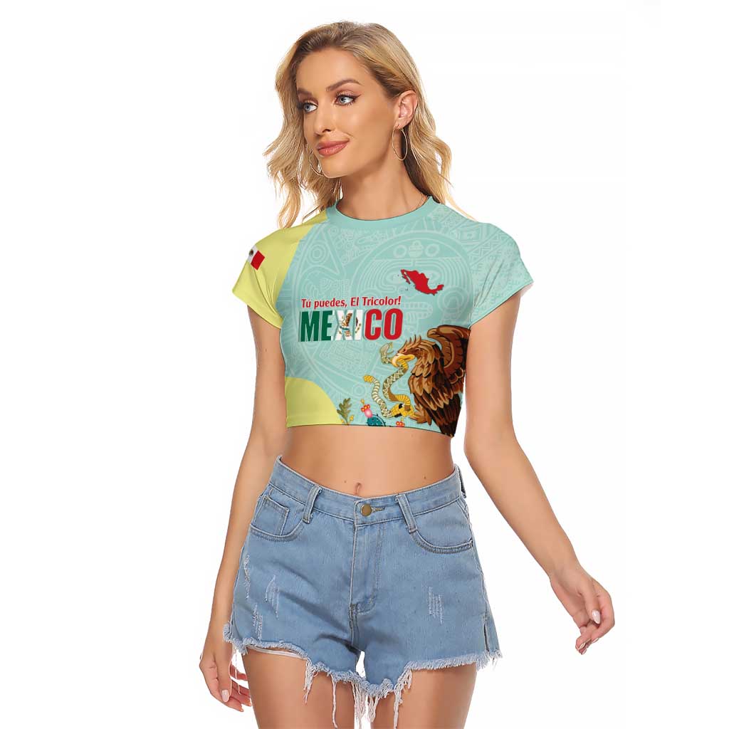 Custom Mexico Football Raglan Cropped T Shirt Tu Puedes El Tricolor Cyan - Wonder Print Shop