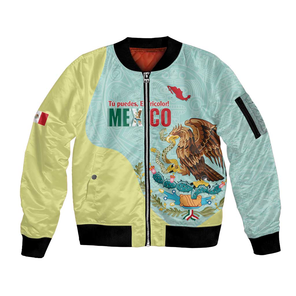 Custom Mexico Football Sleeve Zip Bomber Jacket Tu Puedes El Tricolor Cyan - Wonder Print Shop