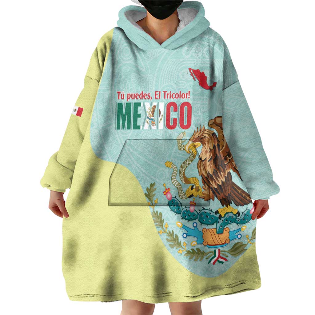 Custom Mexico Football Wearable Blanket Hoodie Tu Puedes El Tricolor Cyan - Wonder Print Shop