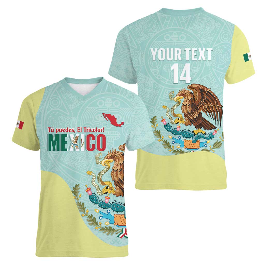 Custom Mexico Football Women V-Neck T-Shirt Tu Puedes El Tricolor Cyan - Wonder Print Shop
