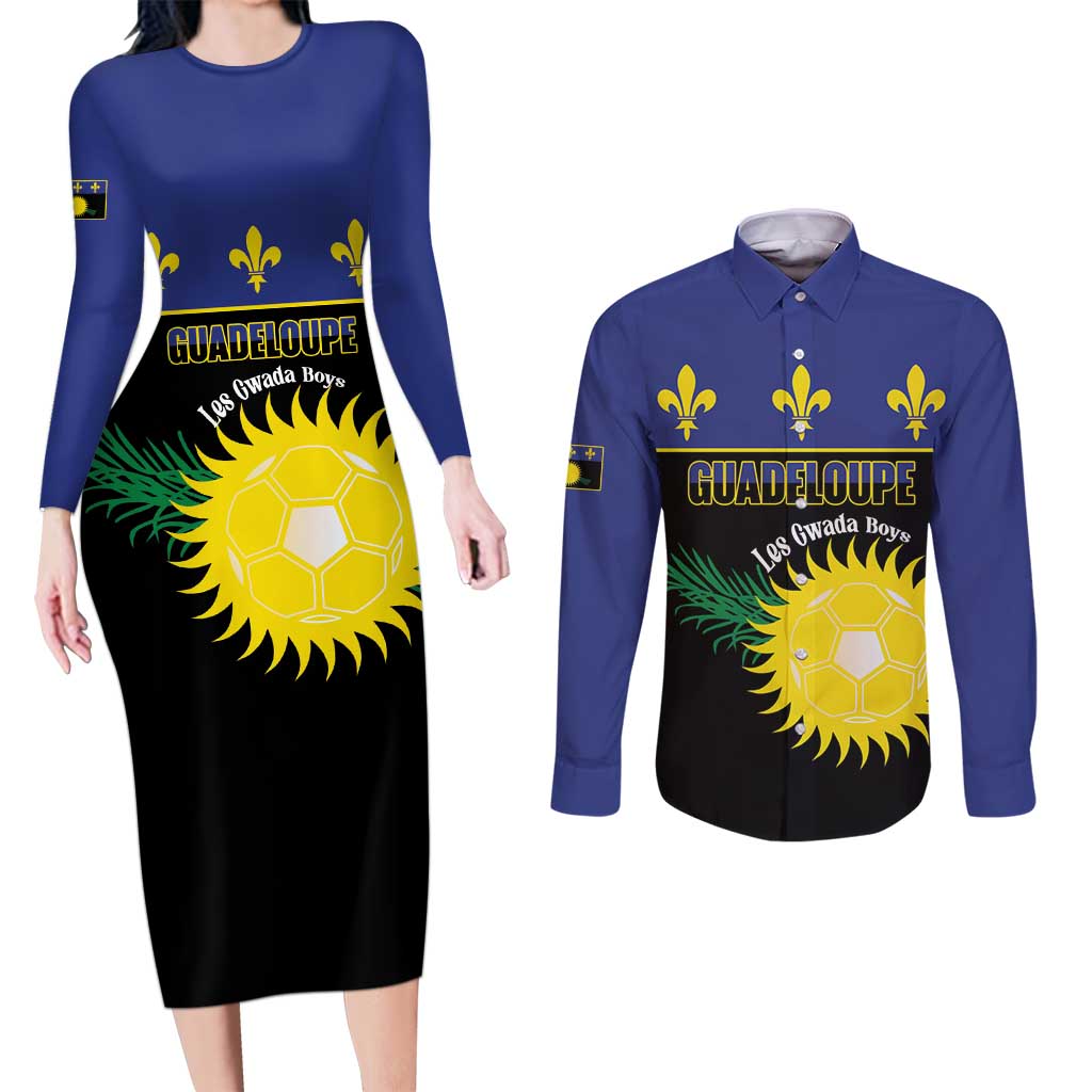 Custom Guadeloupe Football Couples Matching Long Sleeve Bodycon Dress and Long Sleeve Button Shirt Allez Gwada Boys - Wonder Print Shop