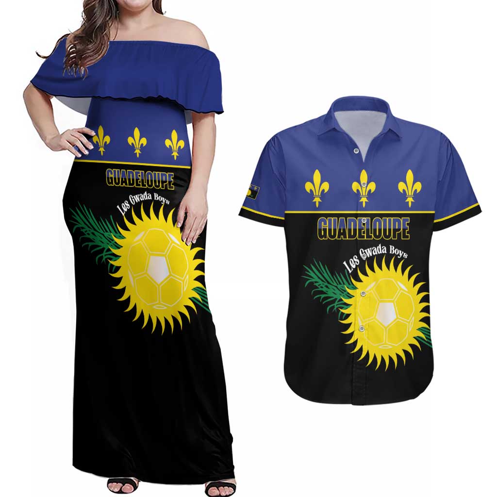 Custom Guadeloupe Football Couples Matching Off Shoulder Maxi Dress and Hawaiian Shirt Allez Gwada Boys - Wonder Print Shop
