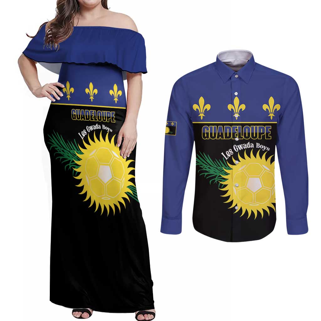 Custom Guadeloupe Football Couples Matching Off Shoulder Maxi Dress and Long Sleeve Button Shirt Allez Gwada Boys - Wonder Print Shop