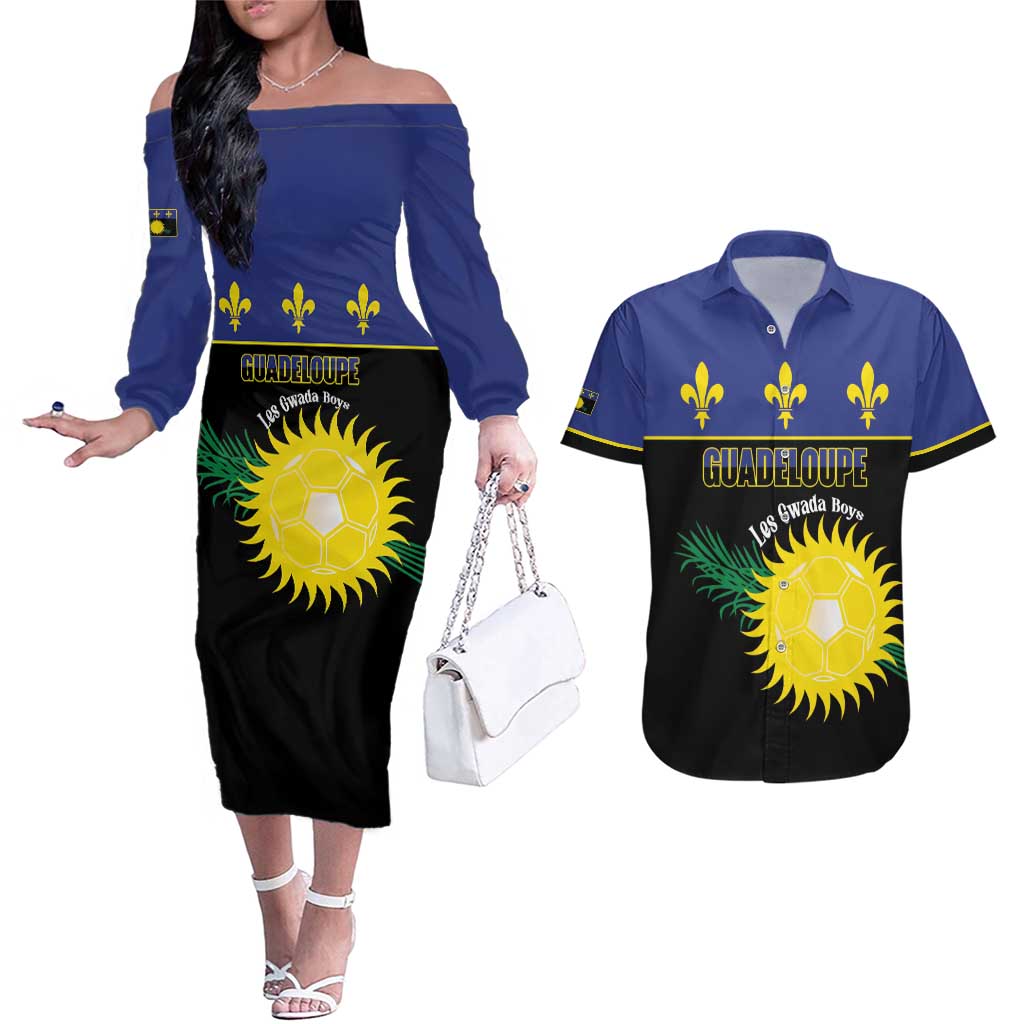 Custom Guadeloupe Football Couples Matching Off The Shoulder Long Sleeve Dress and Hawaiian Shirt Allez Gwada Boys - Wonder Print Shop