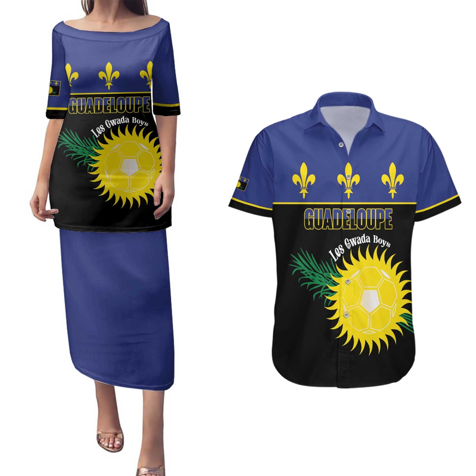 Custom Guadeloupe Football Couples Matching Puletasi and Hawaiian Shirt Allez Gwada Boys - Wonder Print Shop