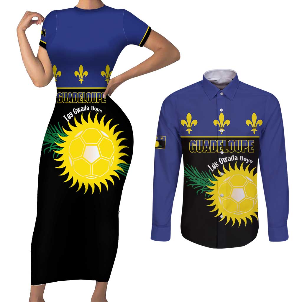 Custom Guadeloupe Football Couples Matching Short Sleeve Bodycon Dress and Long Sleeve Button Shirt Allez Gwada Boys - Wonder Print Shop