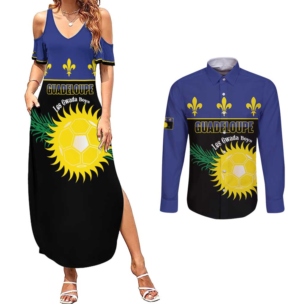 Custom Guadeloupe Football Couples Matching Summer Maxi Dress and Long Sleeve Button Shirt Allez Gwada Boys - Wonder Print Shop