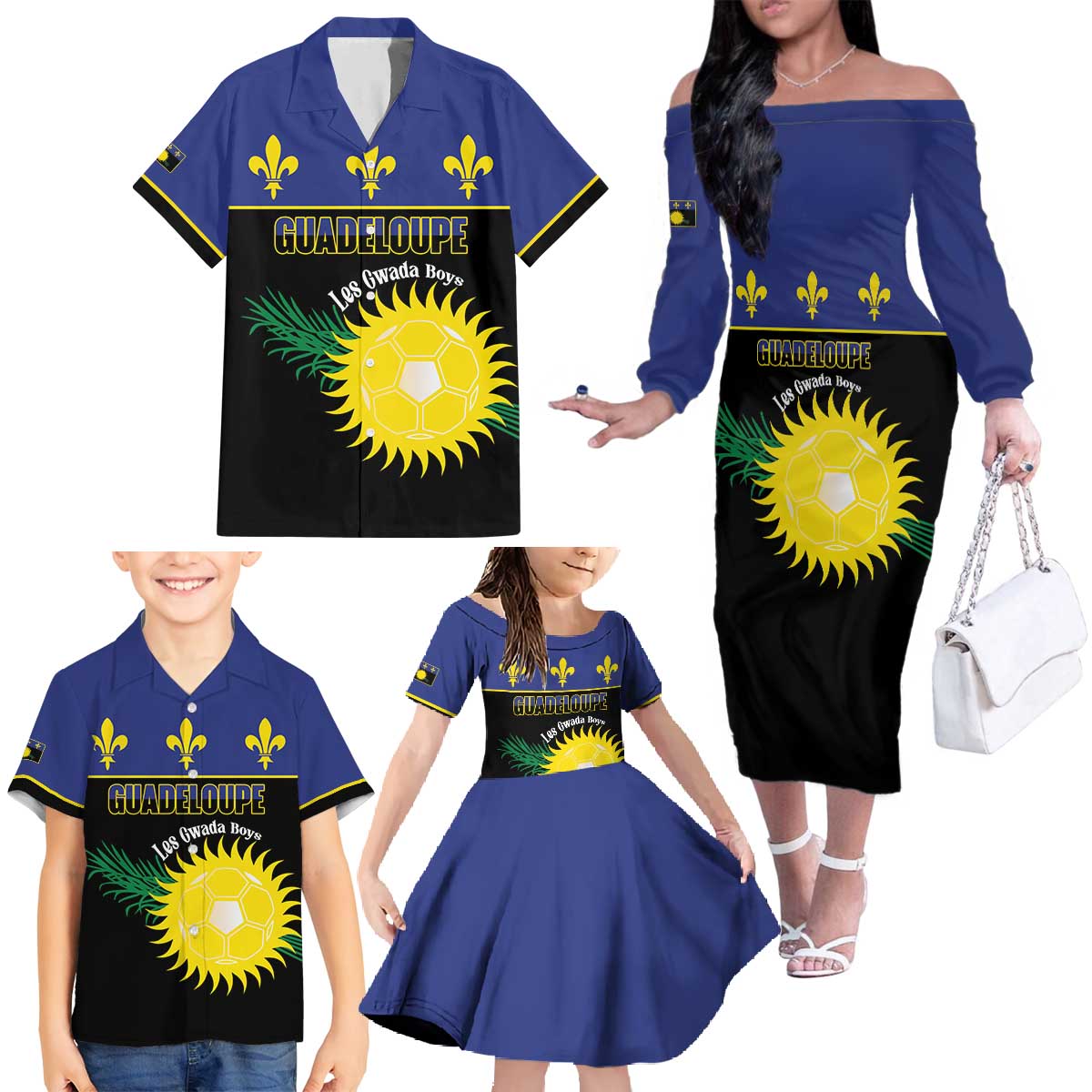 Custom Guadeloupe Football Family Matching Off The Shoulder Long Sleeve Dress and Hawaiian Shirt Allez Gwada Boys - Wonder Print Shop