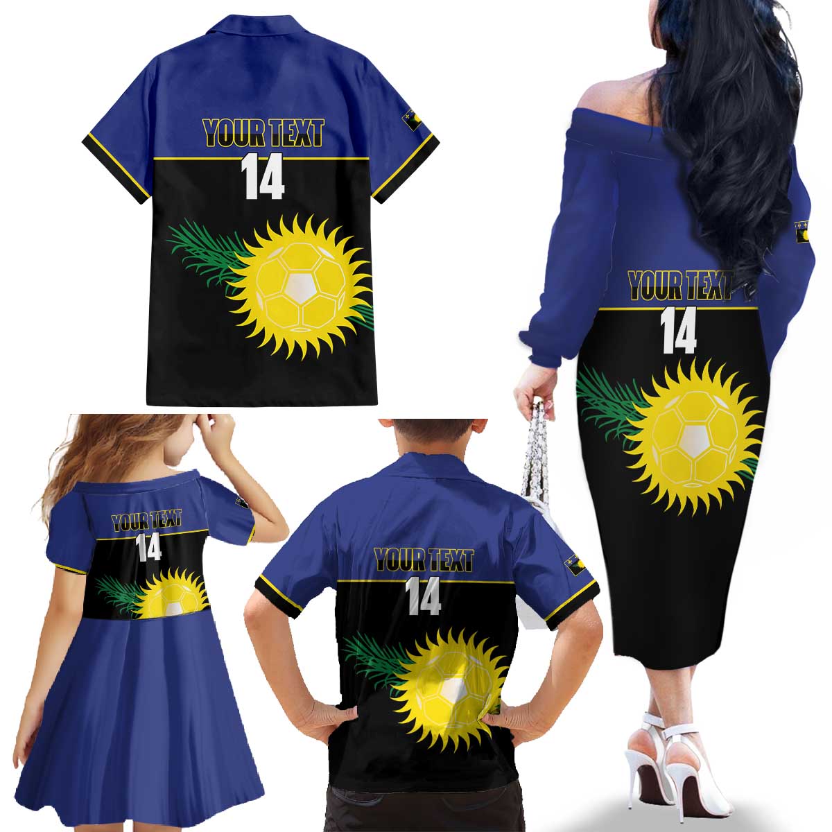 Custom Guadeloupe Football Family Matching Off The Shoulder Long Sleeve Dress and Hawaiian Shirt Allez Gwada Boys - Wonder Print Shop