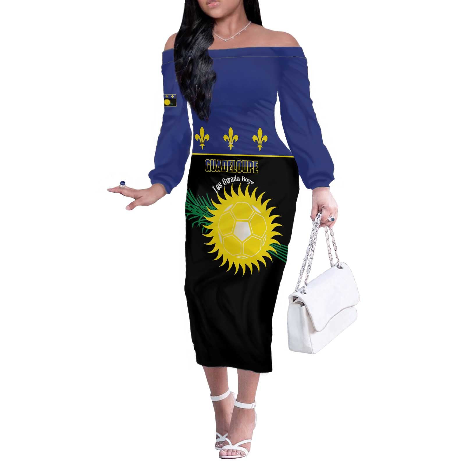 Custom Guadeloupe Football Off The Shoulder Long Sleeve Dress Allez Gwada Boys - Wonder Print Shop