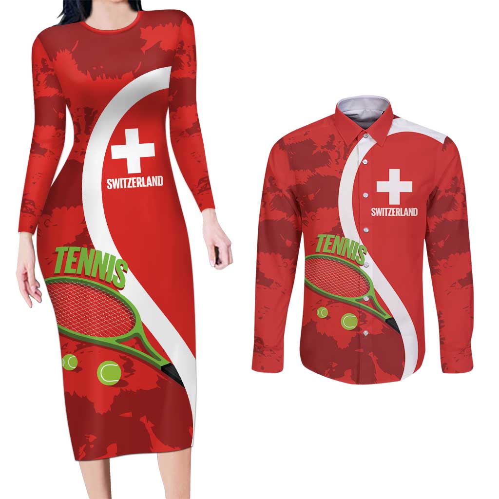 Personalised Switzerland Tennis Couples Matching Long Sleeve Bodycon Dress and Long Sleeve Button Shirt Swiss Born To Play - Wonder Print Shop