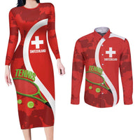 Personalised Switzerland Tennis Couples Matching Long Sleeve Bodycon Dress and Long Sleeve Button Shirt Swiss Born To Play - Wonder Print Shop